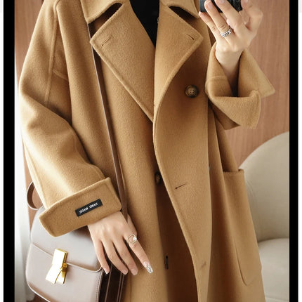 Ladies' 100% Cashmere Thick Double-Sided Extended Coat, Classic, Versatile and Fashionable for Business and Leisure
