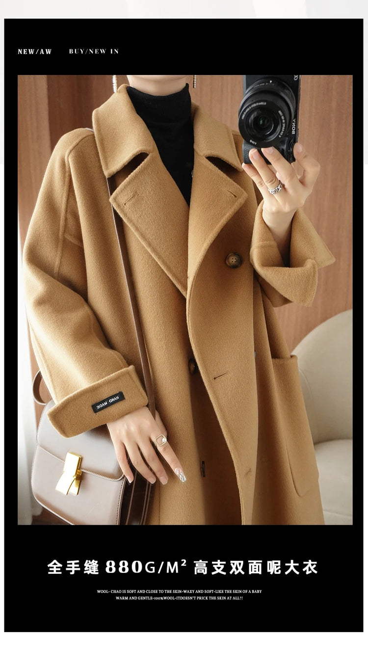 Ladies' 100% Cashmere Thick Double-Sided Extended Coat, Classic, Versatile and Fashionable for Business and Leisure