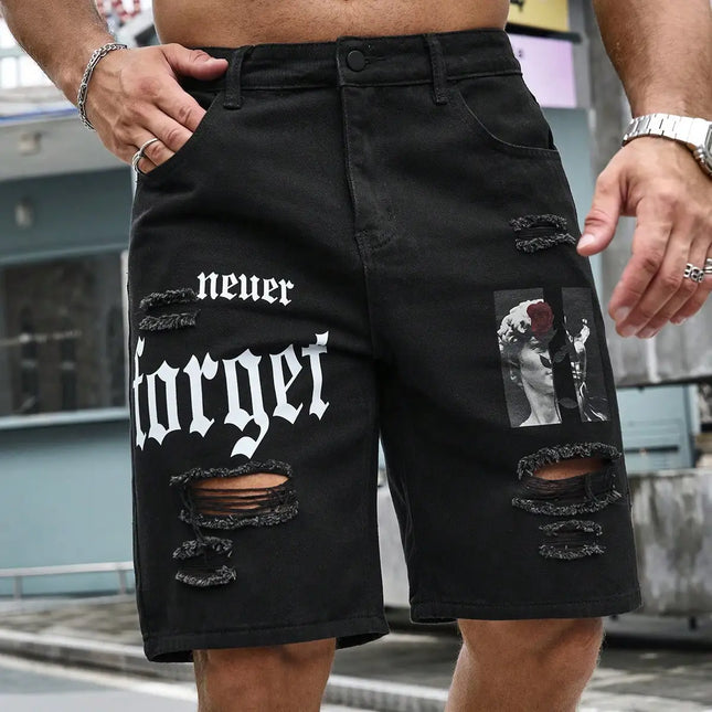 Pantalones cortos vaqueros elásticos de verano para hombre Vaqueros de hombre Streetwear con letras rasgadas en la rodilla Holgados de carga Cómodos casuales Pantalones vaqueros