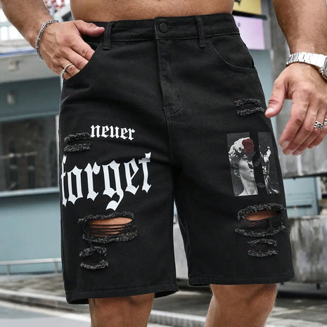 Men's Summer Stretch Denim Shorts Men's Jeans Streetwear Ripped Knee Letter Baggy Comfort Cargo Casual Shorts Jean Pants