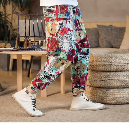 Pantaloni Harem da Uomo 2026 Stile Retrò con Stampa, Pantaloni Jogger Larghi e Comodi con Cavallo Ribassato, Stile Nepal Oversize, Pantaloni Casual da Uomo con Cavallo Ribassato