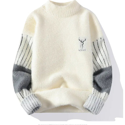 Thickened Winter Semi High Neck Knitted Sweater with Anti Pilling Splicing Men's Casual Long Sleeved Bottom Printed Pullover