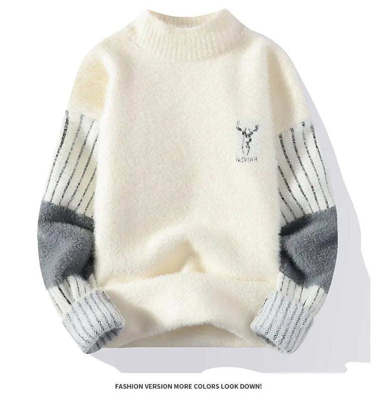 Thickened Winter Semi High Neck Knitted Sweater with Anti Pilling Splicing Men's Casual Long Sleeved Bottom Printed Pullover