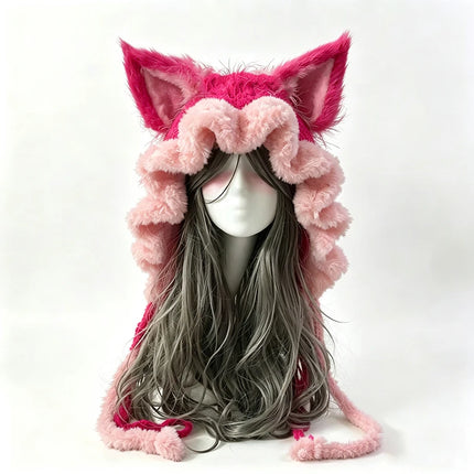 Custom Hand‑Crocheted Black Red Fox Ear Hood Women Soft Knitted Long Ties Beanie Gothic Unisex Dark Fairy Winter Warm Accessory