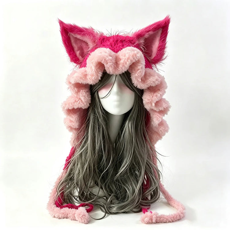 Custom Hand‑Crocheted Black Red Fox Ear Hood Women Soft Knitted Long Ties Beanie Gothic Unisex Dark Fairy Winter Warm Accessory