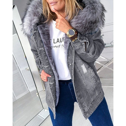 Autumn Women Vintage Hooded Denim Jackets Wth a Large Fluffy Collar Frayed Design Buttoned Overcoat