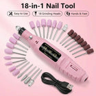 18-in-1 Electric Nail Drill Kit, Low-Noise USB Manicure & Pedicure Set with 18 Grinding Heads for Gel Removal, Polishing, Cuticle Care & Nail Art, Professional Salon & Home Use