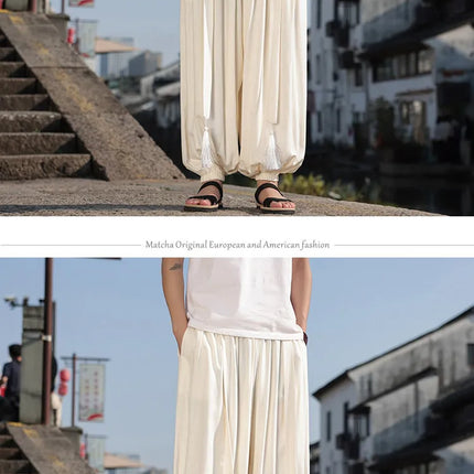 Pantaloni Stile Cinese da Uomo, Etnici in Lino a Gamba Larga, Design con Cavallo Morbido, Pantaloni da Ballo, Casual, Hanfu, Stile Lanterna, 8XL