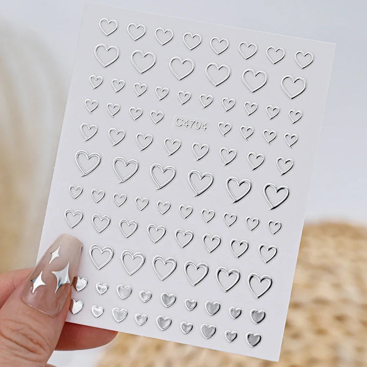 6Sheets Metallic Silver 3D Nail Art Stickers Self‑Adhesive Decals Star Chain Heart Pattern for DIY Manicure Nail Decor Accessories