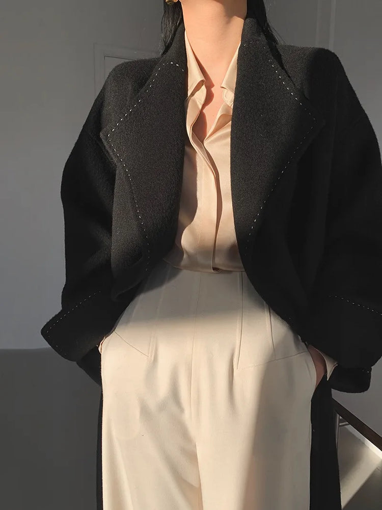 New Solid Korean Style Women Wool Coat Arch Needle Large Neck Versatile Fashion Texture Double Sided Trench Coats Female Winter
