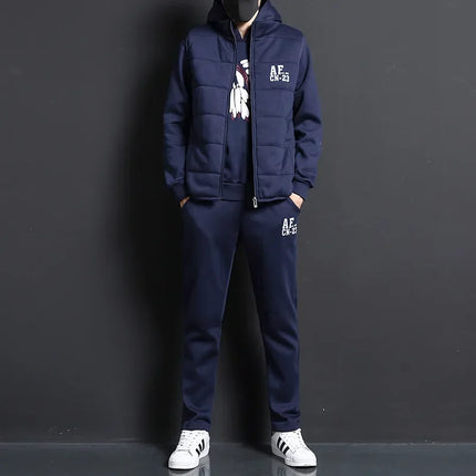 3 Pieces Set Hoodies+Vest+Pants Casual Men's Track Suit Clothing Coats Winter Thick Warm Tracksuit for Men Printed Mens Set Vest