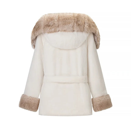 Casual Patchwork Faux Fur Collar Women's Coat Lace Up Pockets Thicken Lady Coats 2026 Autumn Winter Female Street Outerwear