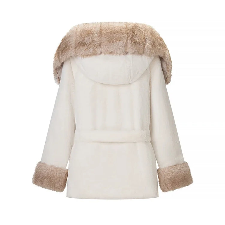 Casual Patchwork Faux Fur Collar Women's Coat Lace Up Pockets Thicken Lady Coats 2026 Autumn Winter Female Street Outerwear
