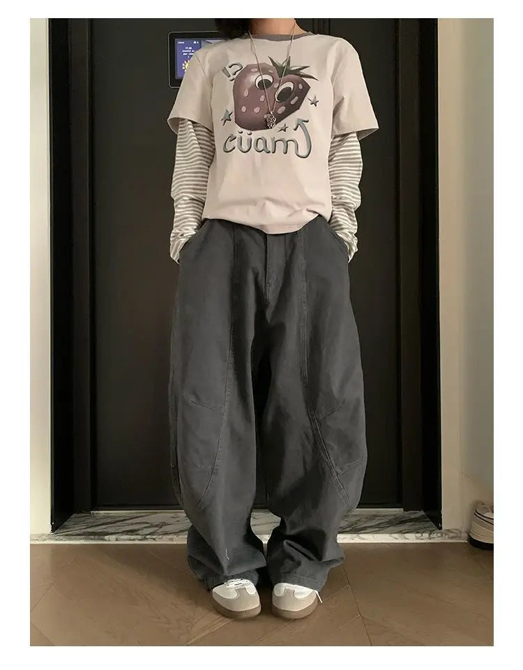 HOUZHOU Y2K Vintage Wash Donna Cargo Jeans Harajuku Scimitar Gamba larga Pantaloni in denim retrò americani Pantaloni larghi Gyaru Streetwear