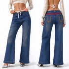 Women's Low Rise Wide Leg Jeans with Gothic Back Embroidery, Y2K Style Vintage Wash Blue Denim, Casual Pants for Urban and Evening Outfits,Fx-5444