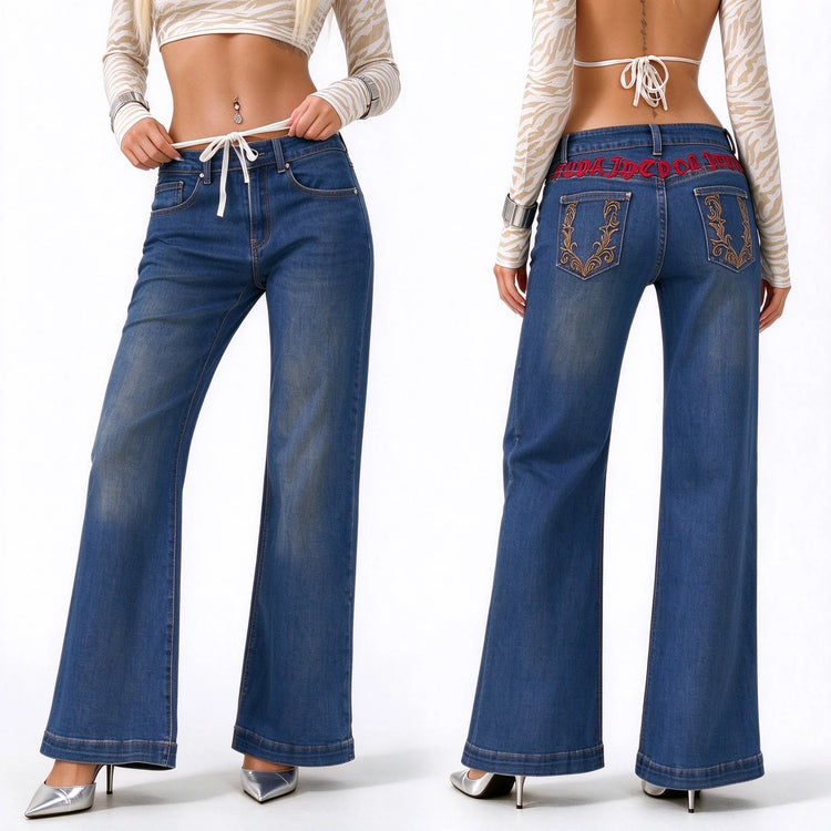 Women's Low Rise Wide Leg Jeans with Gothic Back Embroidery, Y2K Style Vintage Wash Blue Denim, Casual Pants for Urban and Evening Outfits,Fx-5444