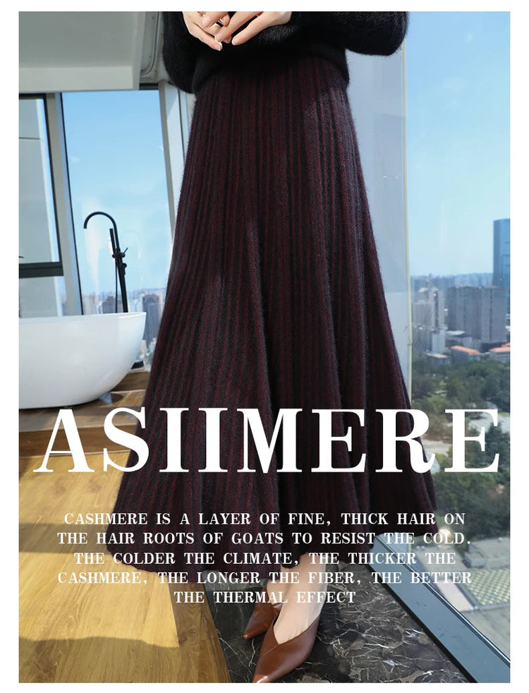 FRSEUCAG Autumn and winter women's warm half skirt 100% mink cashmere pleated skirt thick long skirt soft and loose fashionable PlatiNum