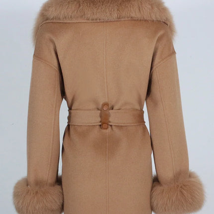 OFTBUY Real Fur Coat Winter Jacket Women Natural Fox Fur Collar Cuffs Belt Cashmere Wool Woolen Ladies Outerwear Streetwear