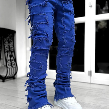 Men's Regular Fit Stacked Jeans Ripped Slim Fit Patch Distressed Destroyed Straight Denim Pants Hip Hop Streetwear Trouser Cloth PlatiNum
