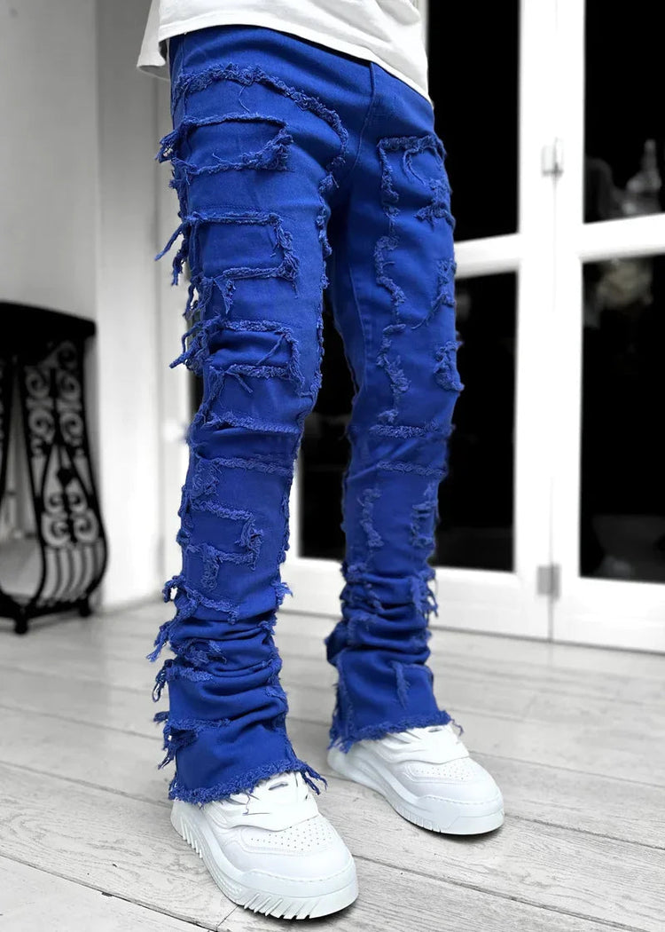 Men's Regular Fit Stacked Jeans Ripped Slim Fit Patch Distressed Destroyed Straight Denim Pants Hip Hop Streetwear Trouser Cloth PlatiNum