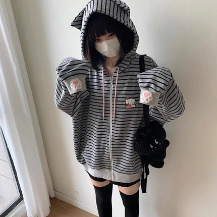 Cartoon Embroidery Women Hoodies Japanese Sweet Cute Cat Ears Striped Hooded Sweatshirts Harajuku Streetwear Loose Casual Coats
