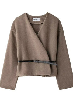 EDSA Women Soft Belted Jacket Wrap V-neck Long Sleeves New Elegant Lady Commute Outwear for Female