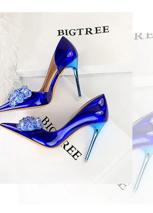 BIGTREE Scarpe con fiocco in strass Décolleté da donna Scarpe da banchetto di lusso Tacchi alti sexy Scarpe da festa con tacco a spillo da donna di grandi dimensioni 41 42 43