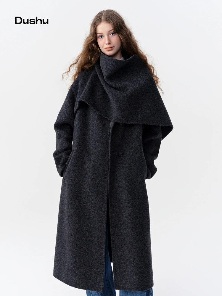DUSHU Double-faced Wool Coat Detachable Scarf Collar Korean Style Thickened Woolen Long Overcoat for Winter Commute