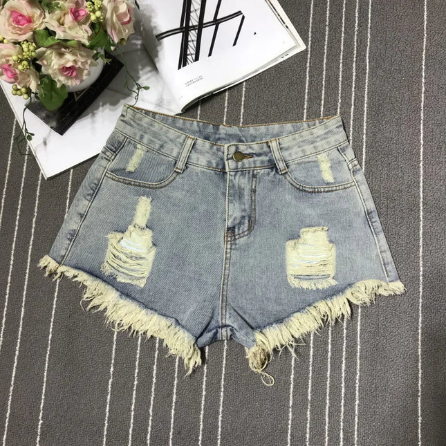 New women's high-waisted tassel ripped denim shorts 2026 Korean version summer raw edge wide leg loose denim shorts plus size women
