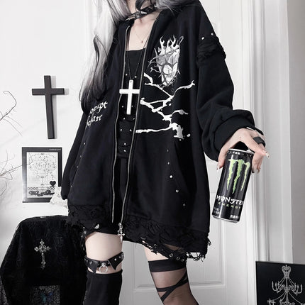 Original Print Subculture Dark Loose Cat Ear Distressed Hooded Sweatshirt Jacket Zip Up Hoodie Oversized Hoodie