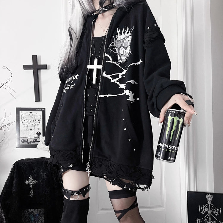 Original Print Subculture Dark Loose Cat Ear Distressed Hooded Sweatshirt Jacket Zip Up Hoodie Oversized Hoodie