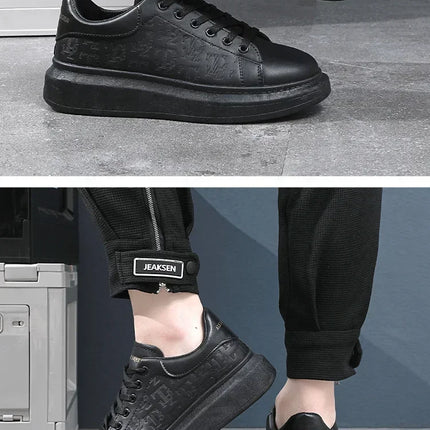 2026 Men's Casual Shoes Spring and Autumn Flat-soled Casual Leather Shoes Sports Shoes Black and White Men's Thick-soled Shoes