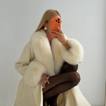 Women's Solid Color Lace Up Fur Collar Woolen Overcoat Bathrobe Style Long Loose Coat Advanced Atmosphere Autumn Winter Overwear