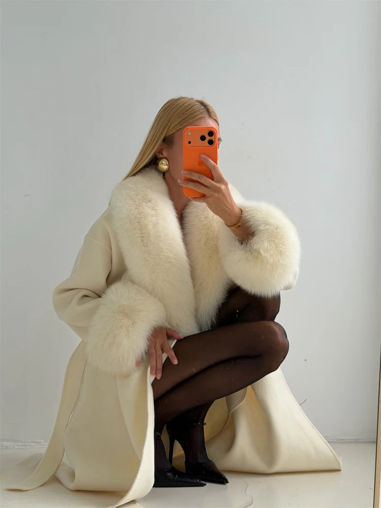 Women's Solid Color Lace Up Fur Collar Woolen Overcoat Bathrobe Style Long Loose Coat Advanced Atmosphere Autumn Winter Overwear