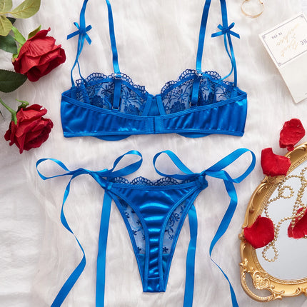 Lady Floral Embroidery Lingerie Set Women Sheer Bra and Brief Underwear Set Satin Sexy Intimates Underwear