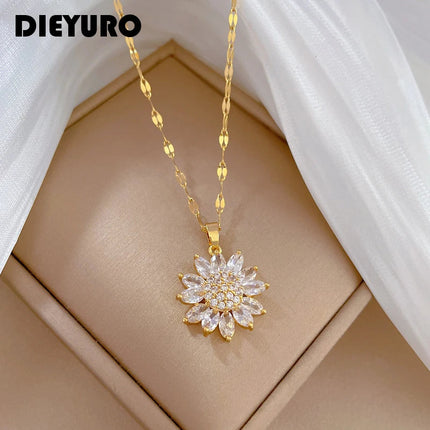 DIEYURO 316L Stainless Steel Luxury Zircon Flower Pendant Necklace For Women Girl New Trend Clavicle Chain Jewelry Lady Gift PlatiNum