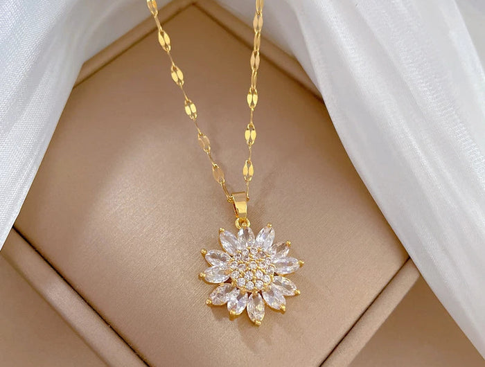 DIEYURO 316L Stainless Steel Luxury Zircon Flower Pendant Necklace For Women Girl New Trend Clavicle Chain Jewelry Lady Gift PlatiNum