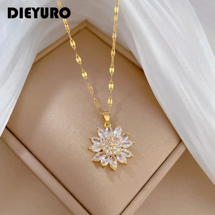 DIEYURO 316L Stainless Steel Luxury Zircon Flower Pendant Necklace For Women Girl New Trend Clavicle Chain Jewelry Lady Gift PlatiNum