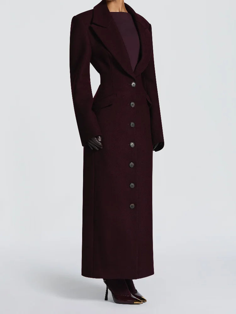 Women's Long Coat Slim V Neck Single Breasted Overcoats Shoulder Pad Maxi Jackets with Belt 2025 New Winter Lady Commute Outwear