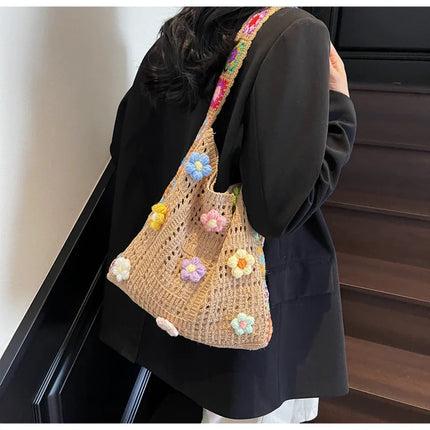 Borsa tote da donna in stile boho con motivo floreale all'uncinetto, borsa a tracolla in maglia intrecciata di grande capacità, borsa da spiaggia estiva per ragazze