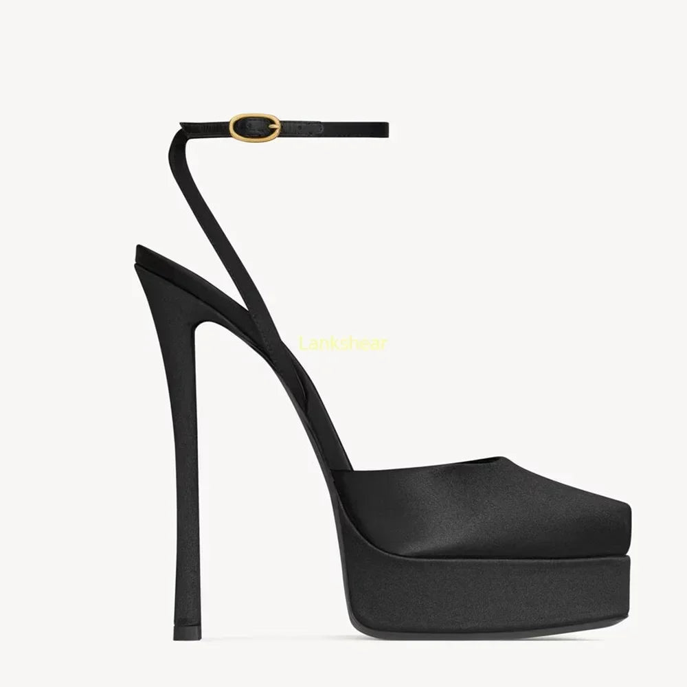 Platform Peep Toe Satin Slingback Pumps Sexy Square Toe Thin Heel Ankle Strap New Arrivals Fashion Women Modern Shoes
