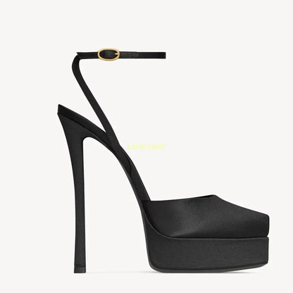 Platform Peep Toe Satin Slingback Pumps Sexy Square Toe Thin Heel Ankle Strap New Arrivals Fashion Women Modern Shoes