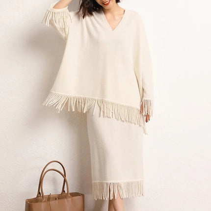 New Straight A-line Skirt Women's 100% Cashmere knitwear Spring Autumn Casual Loose Tassels Soft High Waist Mid Length Skirt PlatiNum