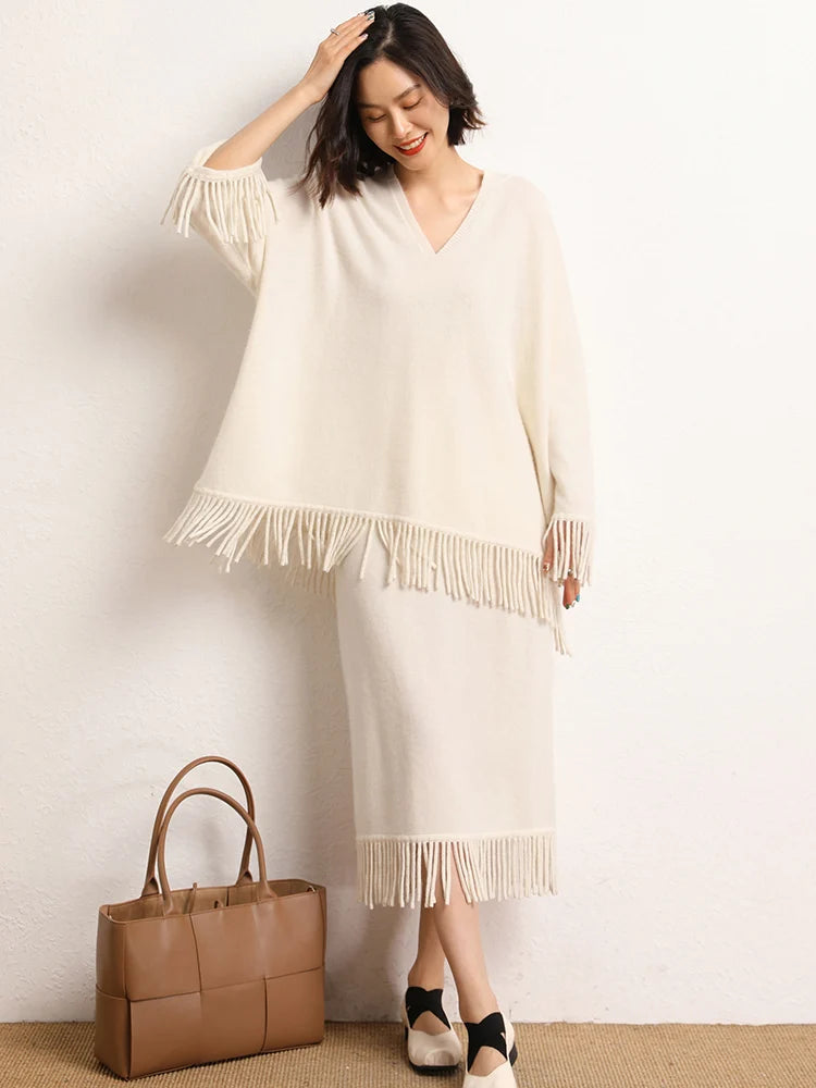 New Straight A-line Skirt Women's 100% Cashmere knitwear Spring Autumn Casual Loose Tassels Soft High Waist Mid Length Skirt PlatiNum
