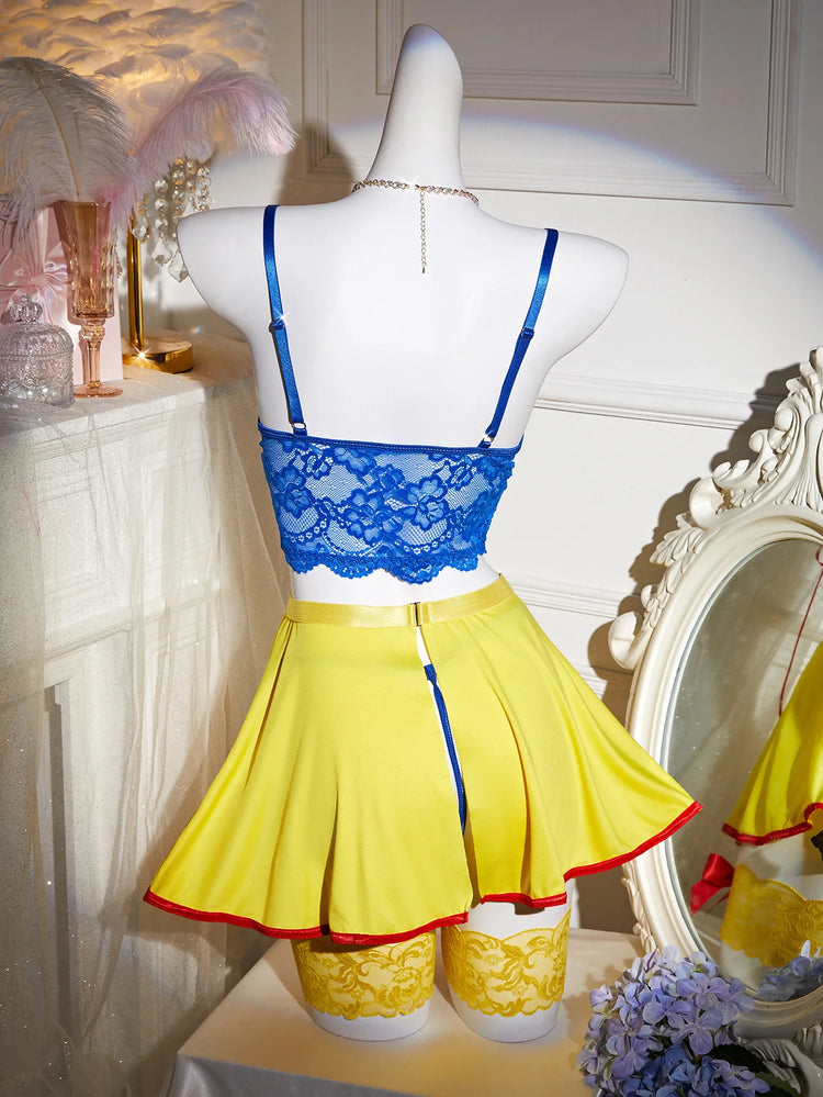 Ellolace Halloween Women's Lingerie Sets Snow White Princess Cosplay Bra Thong Skirt 3PC Leg Circles Dopamine Roleplay Costume