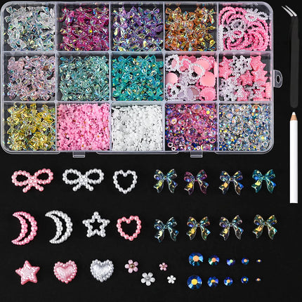 1 Box Pink White Series Bow Heart Nail Charms 3D Arcylic Nail Art Decorations Pearl 5-petal Flower Jewelry Manicure Accessories*