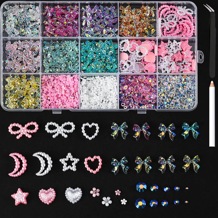 1 Box Pink White Series Bow Heart Nail Charms 3D Arcylic Nail Art Decorations Pearl 5-petal Flower Jewelry Manicure Accessories*