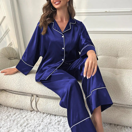 Pigiama da donna Completo da notte Completo da pigiama Pj Set Top a maniche lunghe in raso con pantaloni Pigiama da 2 pezzi Pigiama da donna