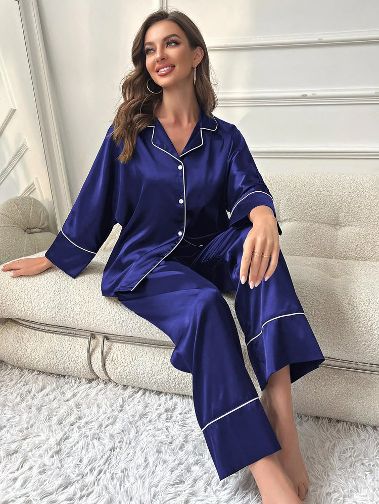 Pigiama da donna Completo da notte Completo da pigiama Pj Set Top a maniche lunghe in raso con pantaloni Pigiama da 2 pezzi Pigiama da donna
