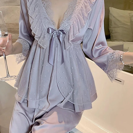 Set di indumenti da notte per la casa in raso di pizzo e pizzo da donna, pantaloni con top in pizzo dolce a V profondo, due pezzi di vestiti per la casa di grandi dimensioni bianco nero viola